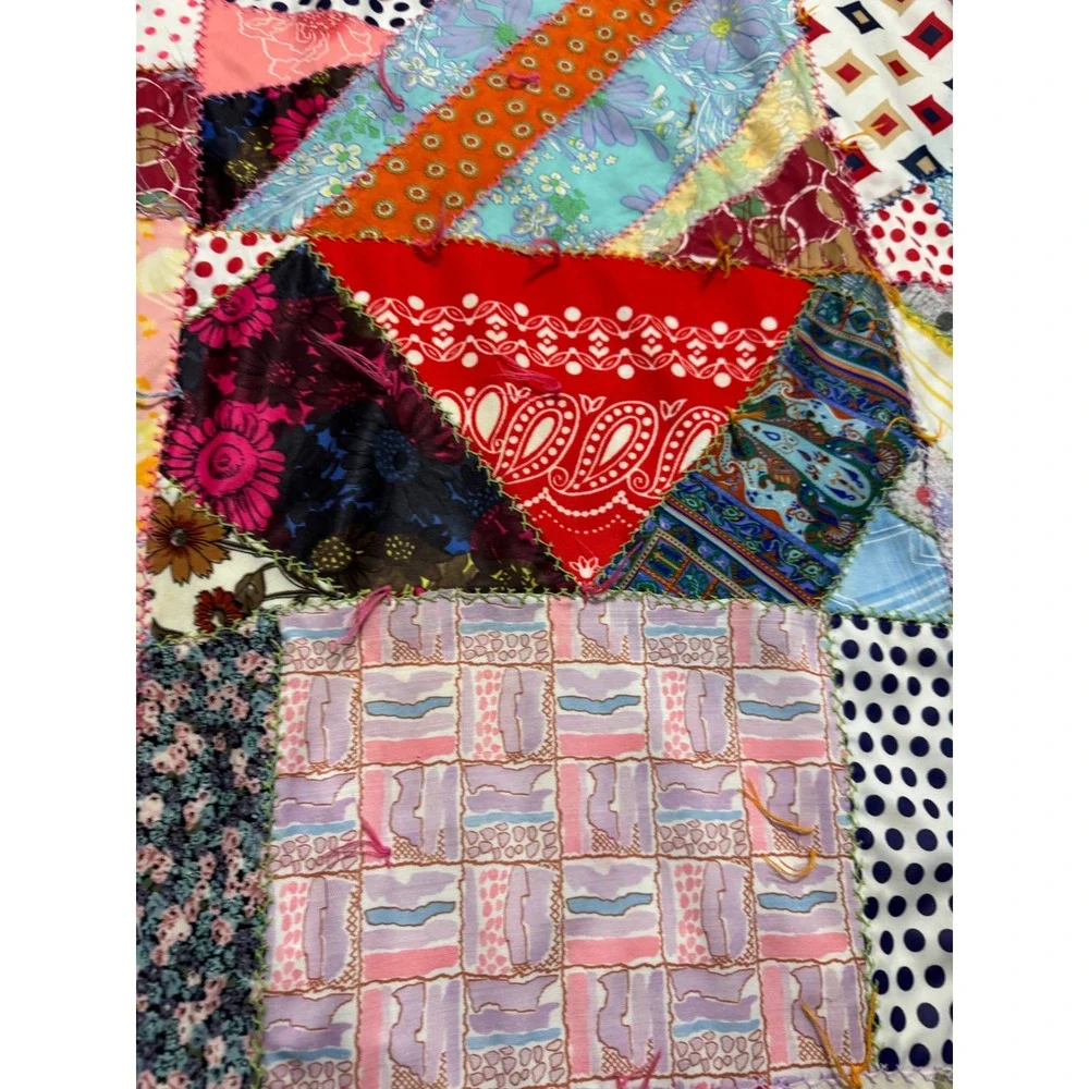 Vtg 70's Handmade Polyester Crazy Multi Color Patchwork Quilt Double Knit 66x86